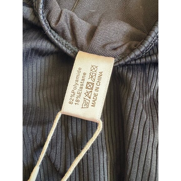 NWT Shekini Black Ribbed Deep U-Neck Thong Back One Piece Swimsuit L - Picture 8 of 10